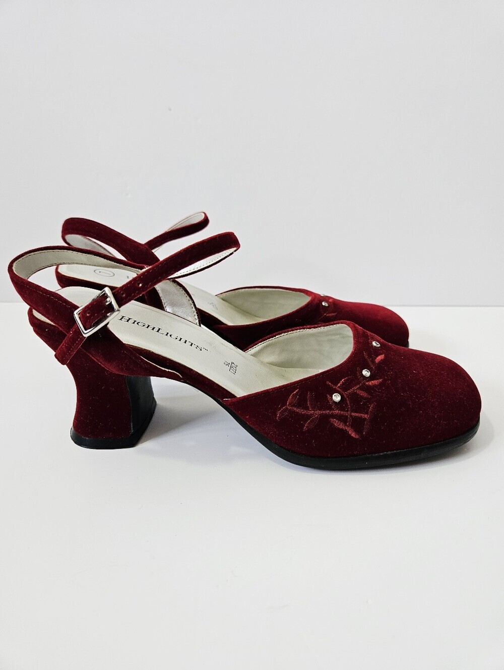 Vintage 90s Highlights Velvet Heels Size 7 Ankle Strap Y2K